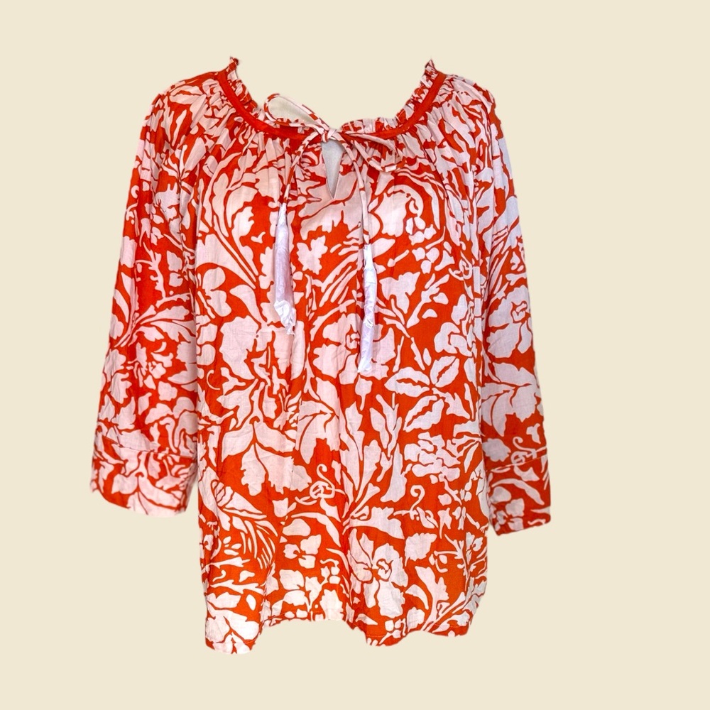 Pomegranate SZ small NWT‎ orange & white cotton floral blouse w beaded tie tass